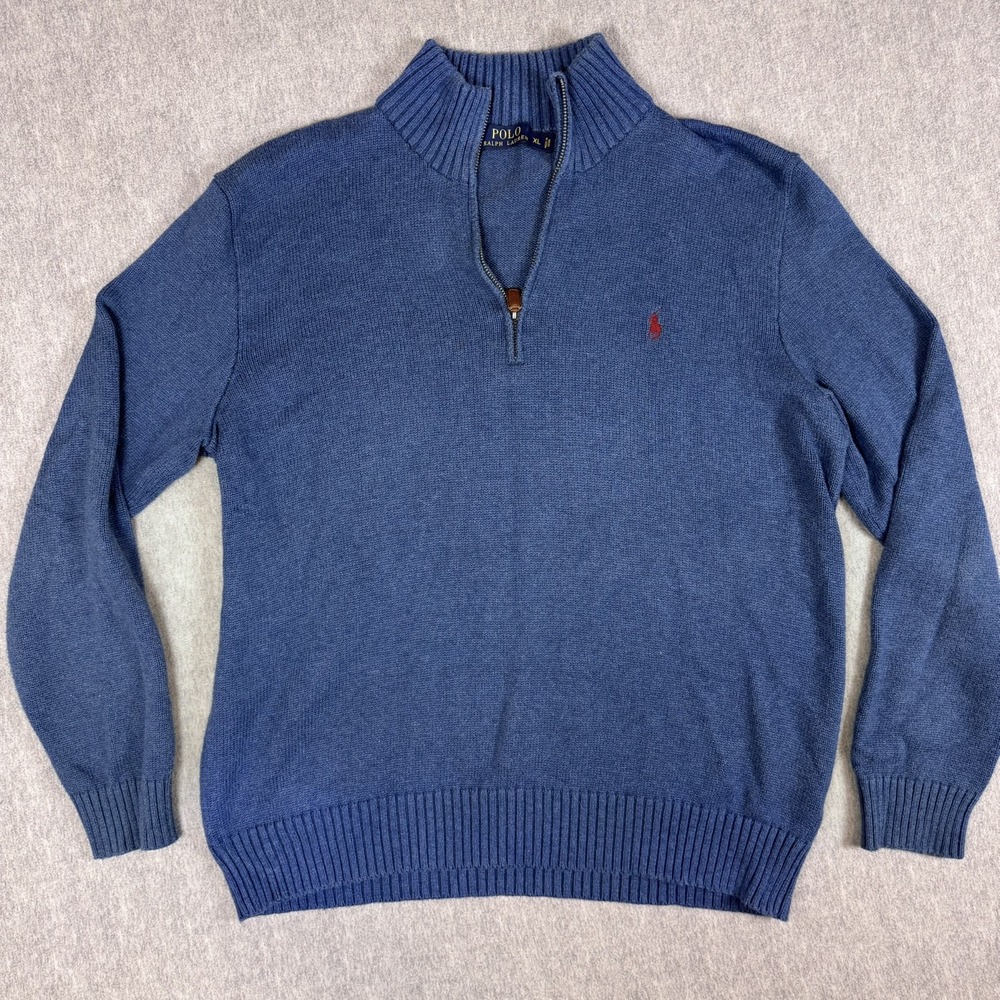 VTG POLO RALPH LAUREN Navy Rib 1/4 Zip Pullover Sweater XL